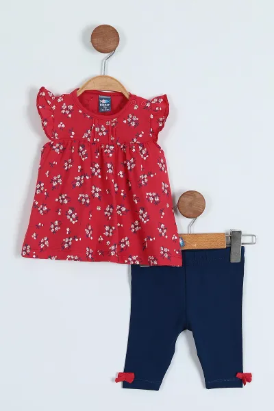 Kırmızı (9-24 Ay) Fırfırlı Desenli Kız Bebe Takım Elbise 249086