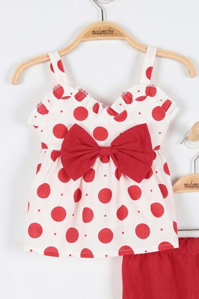 Kırmızı (9-24 Ay) Puanlı Fiyonklu Kız Bebe Takım 179987