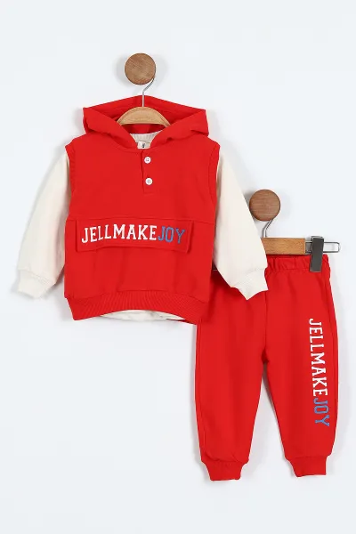 Kırmızı (9-24 Ay)Kolsuz Kapüşonlu Sweatshirtlü Erkek Bebek Takım 381768