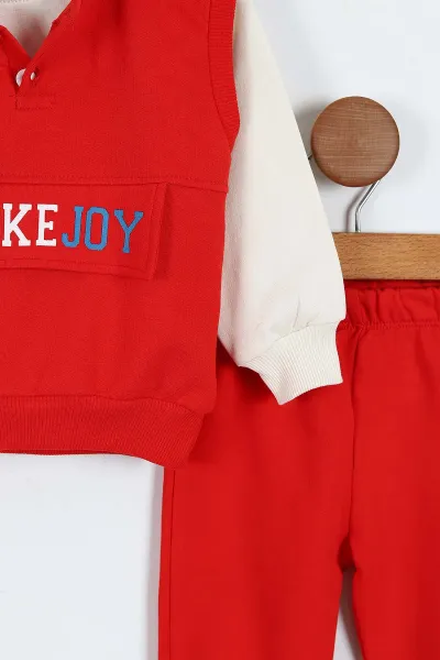 Kırmızı (9-24 Ay)Kolsuz Kapüşonlu Sweatshirtlü Erkek Bebek Takım 381768