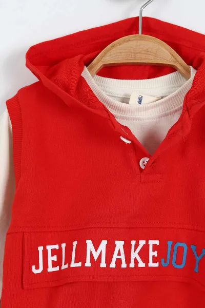Kırmızı (9-24 Ay)Kolsuz Kapüşonlu Sweatshirtlü Erkek Bebek Takım 381768