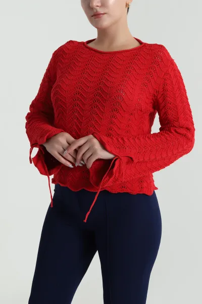 Kırmızı Ajurlu Kol Ağzı Bağcıklı Triko Kadın Bluz 483742