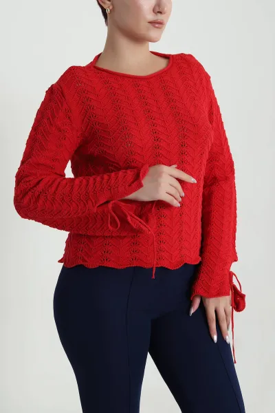 Kırmızı Ajurlu Kol Ağzı Bağcıklı Triko Kadın Bluz 483742