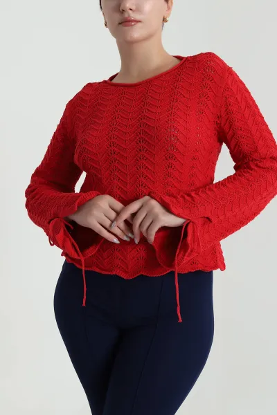 Kırmızı Ajurlu Kol Ağzı Bağcıklı Triko Kadın Bluz 483742
