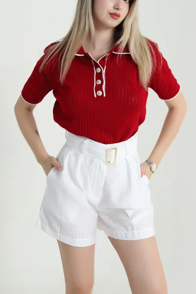 Kırmızı Ajurlu Polo Yaka Kadın Triko 471089