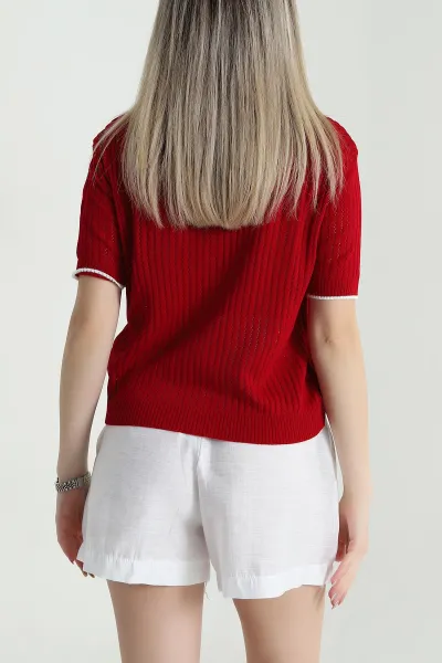 Kırmızı Ajurlu Polo Yaka Kadın Triko 471089