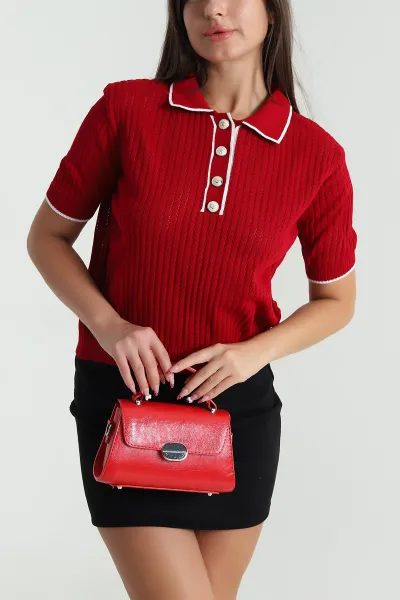 Kırmızı Ajurlu Polo Yaka Triko 477703