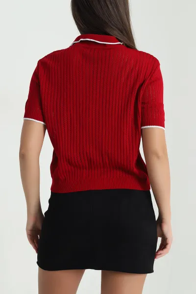 Kırmızı Ajurlu Polo Yaka Triko 477703