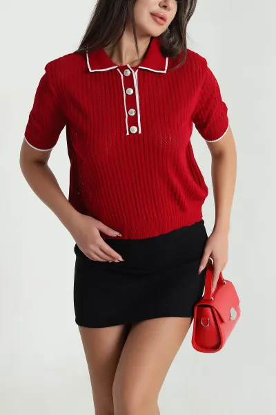 Kırmızı Ajurlu Polo Yaka Triko 477703