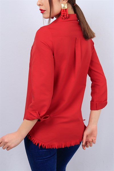 Kırmızı Alt Kesik Bayan Cepli Gömlek 12286B