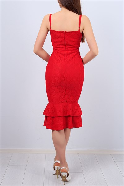 Kırmızı Altı Fırfırlı Bayan Askılı Elbise 12596B