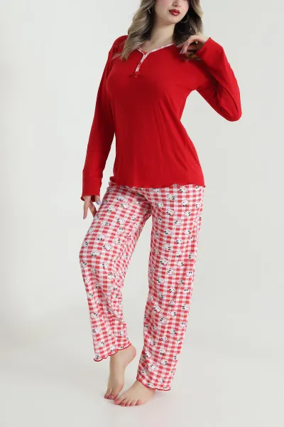 Kırmızı Armut Yaka Fitilli Kadın Pijama Takımı 494673
