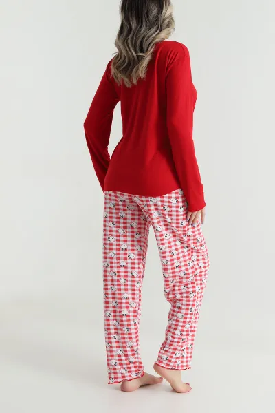 Kırmızı Armut Yaka Fitilli Kadın Pijama Takımı 494673