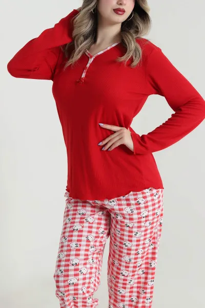 Kırmızı Armut Yaka Fitilli Kadın Pijama Takımı 494673