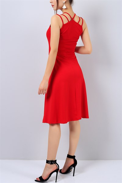 Kırmızı Askı Detaylı Bayan V Yaka Elbise 14908B