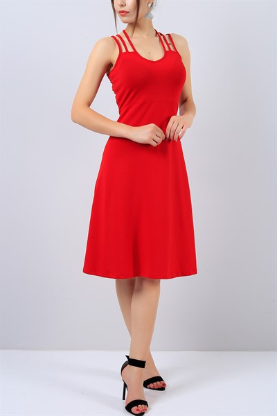 Kırmızı Askı Detaylı Bayan V Yaka Elbise 14908B