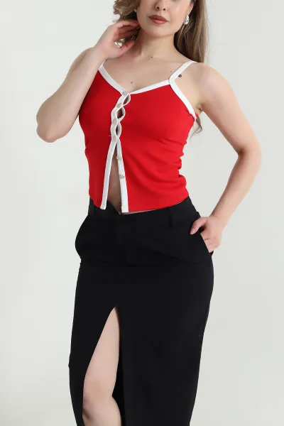 Kırmızı Askılı Düğmeli Modal Kadın Bluz 468863