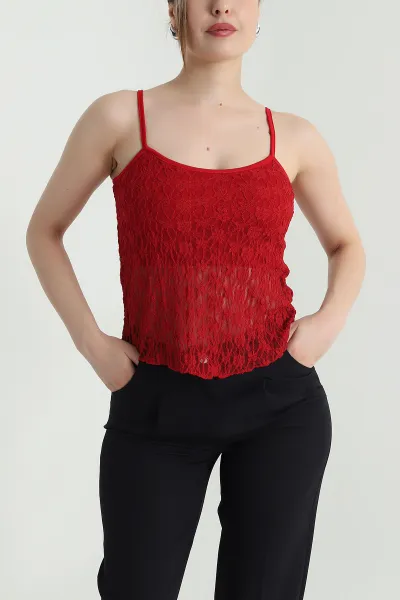 Kırmızı Ayarlanabilir İp Askılı Kadın Tül Bluz 470268