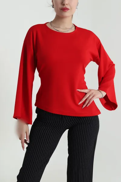 Kırmızı Bağlamalı Asimetrik Kesim Modal Kadın Bluz 491346