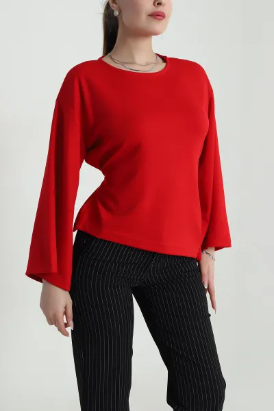 Kırmızı Bağlamalı Asimetrik Kesim Modal Kadın Bluz 491346