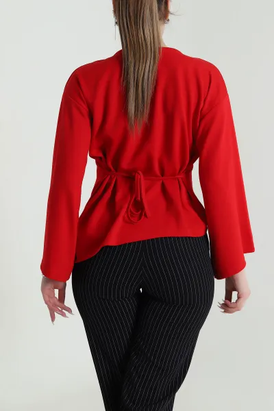 Kırmızı Bağlamalı Asimetrik Kesim Modal Kadın Bluz 491346