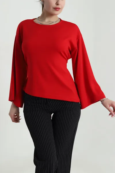 Kırmızı Bağlamalı Asimetrik Kesim Modal Kadın Bluz 491346