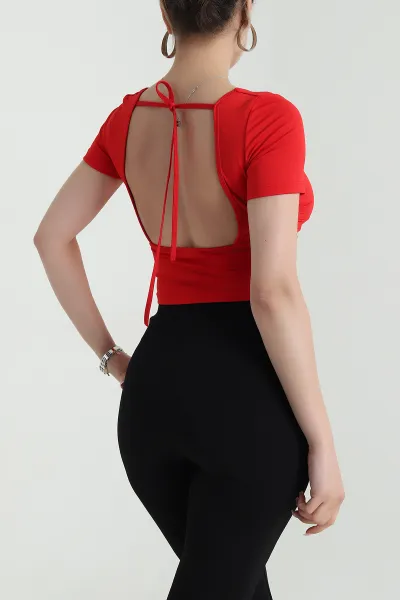 Kırmızı Bağlamalı Büzgülü Crop Bluz 477662