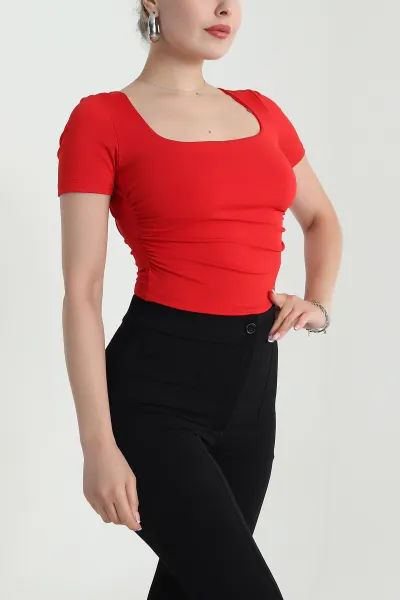 Kırmızı Bağlamalı Büzgülü Crop Bluz 477662