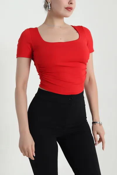 Kırmızı Bağlamalı Büzgülü Crop Bluz 477662