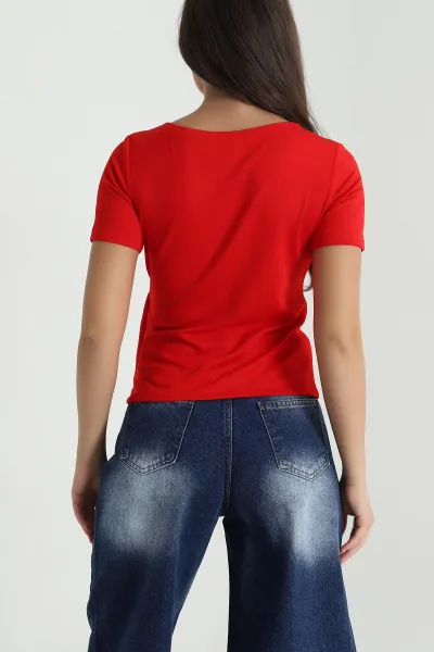 Kırmızı Bağlamalı Likralı Oysho Kadın Bluz 474942