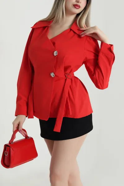 Kırmızı Bağlamalı Poplin Kadın Gömlek 493904