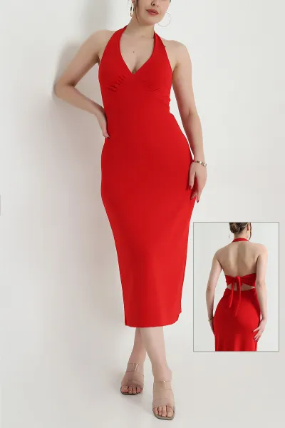 Kırmızı Bağlamalı Sırt Detay Modal Elbise 468023