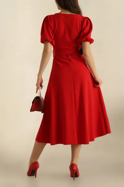 Kırmızı Balon Kol Kemerli Jakarlı Elbise 261359