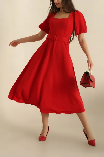 Kırmızı Balon Kol Kemerli Jakarlı Elbise 261359