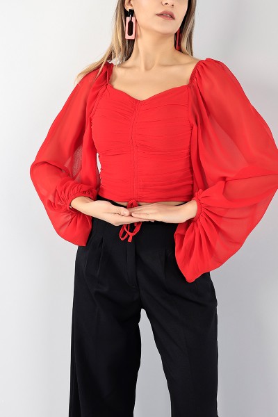 Kırmızı Balon Kol Şifon Bluz 96096