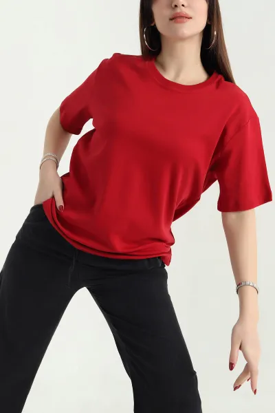 Kırmızı Basic İnterlok Penye Bayan Tişört 338404