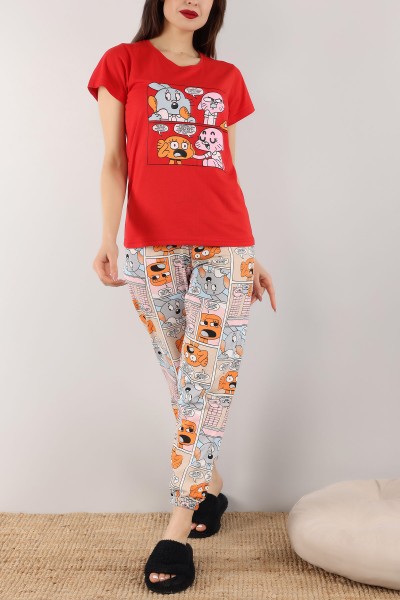 Kırmızı Baskılı Bayan Pijama Takımı 165782
