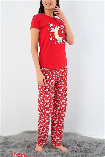 Kırmızı Baskılı Bayan Pijama Takımı 29121B