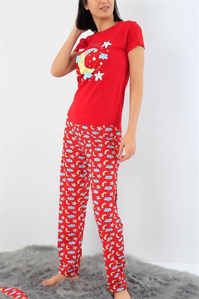 Kırmızı Baskılı Bayan Pijama Takımı 29121B