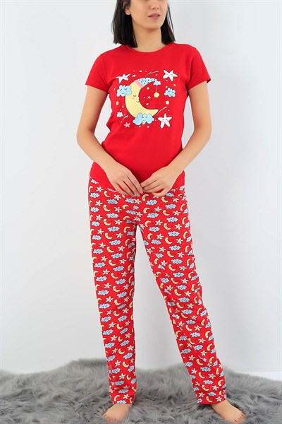 Kırmızı Baskılı Bayan Pijama Takımı 29121B