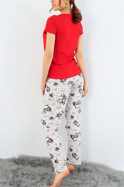 Kırmızı Baskılı Bayan Pijama Takımı 32064