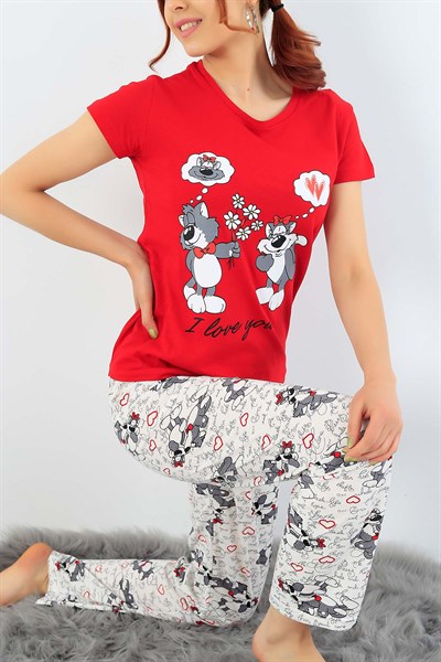 Kırmızı Baskılı Bayan Pijama Takımı 32064
