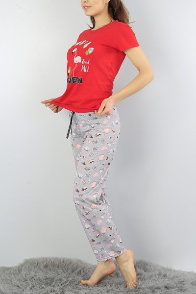 Kırmızı Baskılı Bayan Pijama Takımı 52041