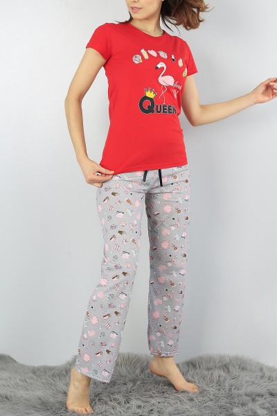 Kırmızı Baskılı Bayan Pijama Takımı 52041
