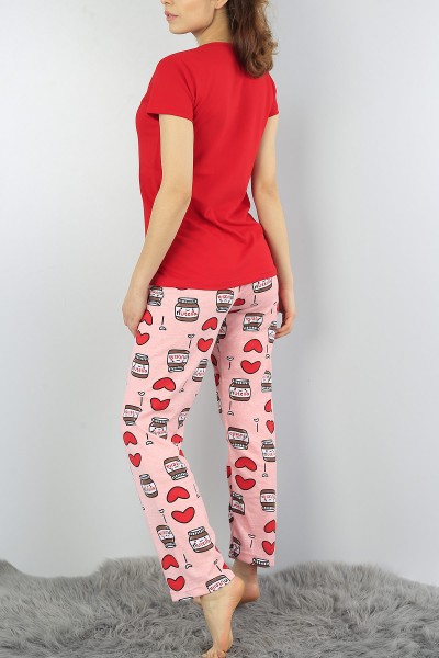 Kırmızı Baskılı Bayan Pijama Takımı 52059