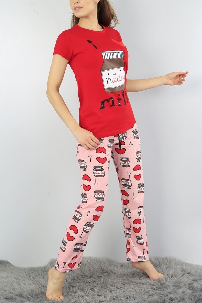 Kırmızı Baskılı Bayan Pijama Takımı 52059