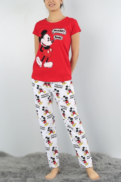 Kırmızı Baskılı Bayan Pijama Takımı 52070