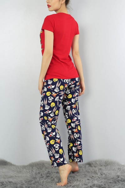 Kırmızı Baskılı Bayan Pijama Takımı 52075