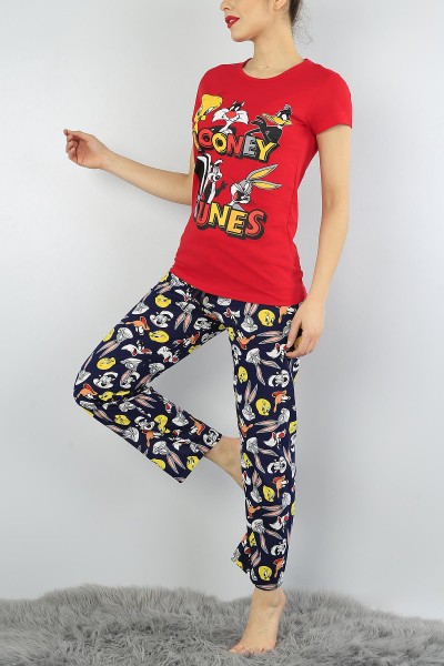 Kırmızı Baskılı Bayan Pijama Takımı 52075