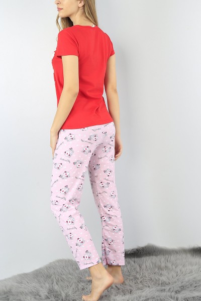 Kırmızı Baskılı Bayan Pijama Takımı 52091